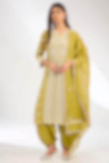 Mehendi Green Mal Chanderi Chikankari Embroidered Kurta Set by Nyara by Nicky Chawla at Pernia's Pop Up Shop