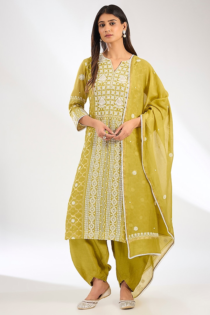 Mehendi Green Mal Chanderi Chikankari Embroidered Kurta Set by Nyara by Nicky Chawla at Pernia's Pop Up Shop