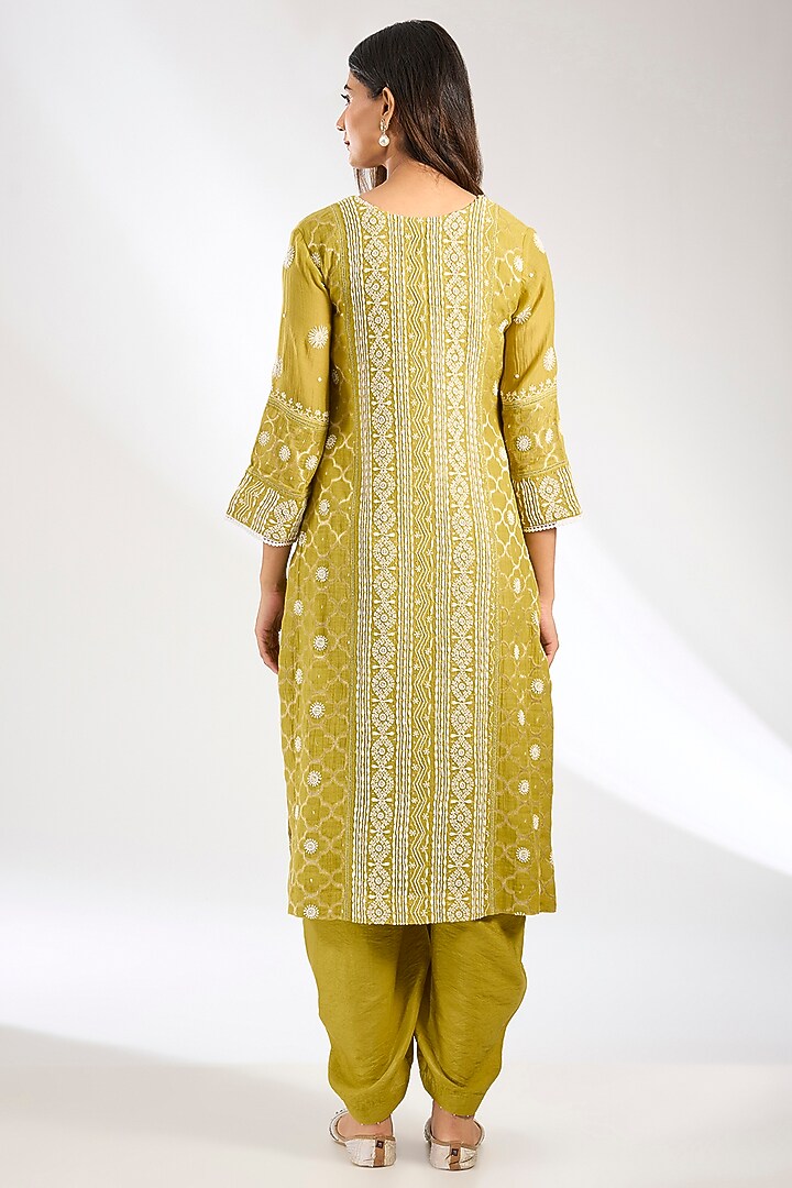 Mehendi Green Mal Chanderi Chikankari Embroidered Kurta Set by Nyara by Nicky Chawla at Pernia's Pop Up Shop