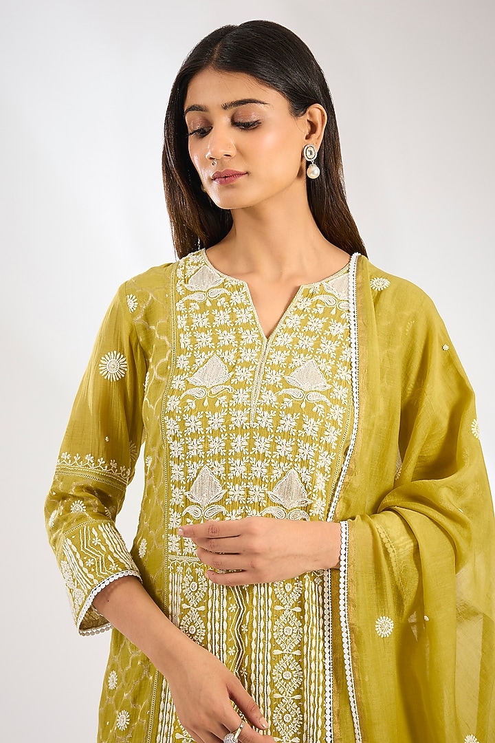 Mehendi Green Mal Chanderi Chikankari Embroidered Kurta Set by Nyara by Nicky Chawla at Pernia's Pop Up Shop