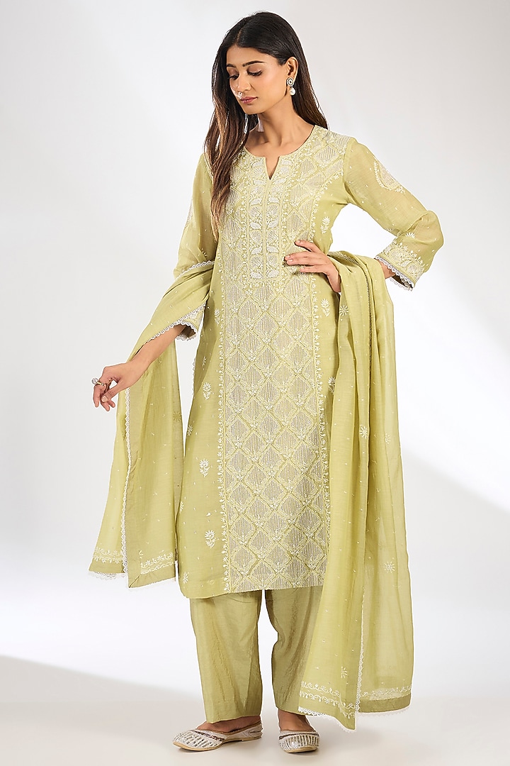 Green Mal Chanderi Chikankari Embroidered Kurta Set by Nyara by Nicky Chawla at Pernia's Pop Up Shop