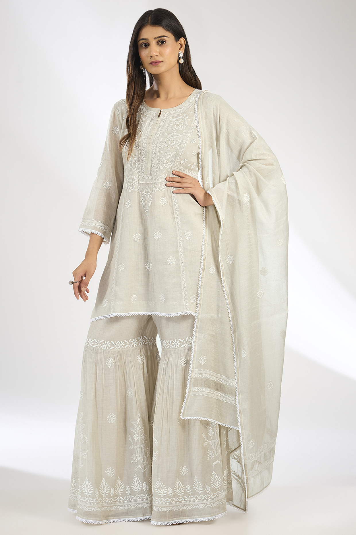 Grey Tissue Chanderi Chikankari Embroidered Kurta Set by Nyara by Nicky Chawla at Pernia's Pop Up Shop