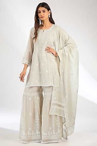Grey Tissue Chanderi Chikankari Embroidered Kurta Set by Nyara by Nicky Chawla