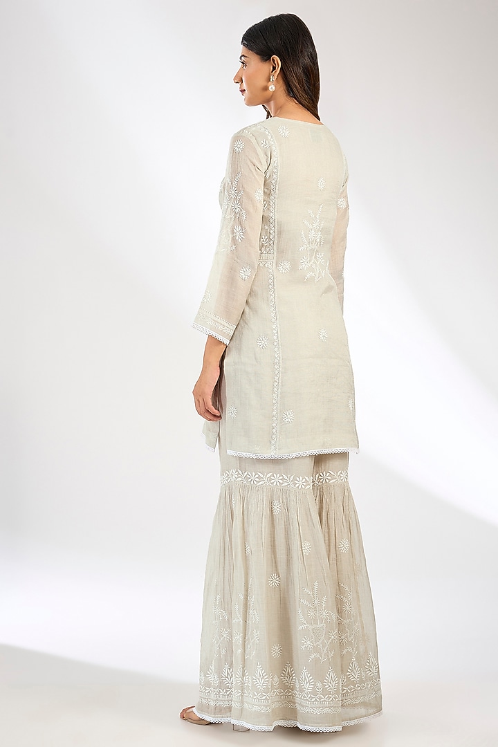 Grey Tissue Chanderi Chikankari Embroidered Kurta Set by Nyara by Nicky Chawla at Pernia's Pop Up Shop