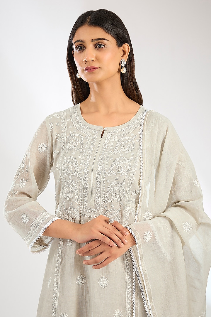 Grey Tissue Chanderi Chikankari Embroidered Kurta Set by Nyara by Nicky Chawla at Pernia's Pop Up Shop