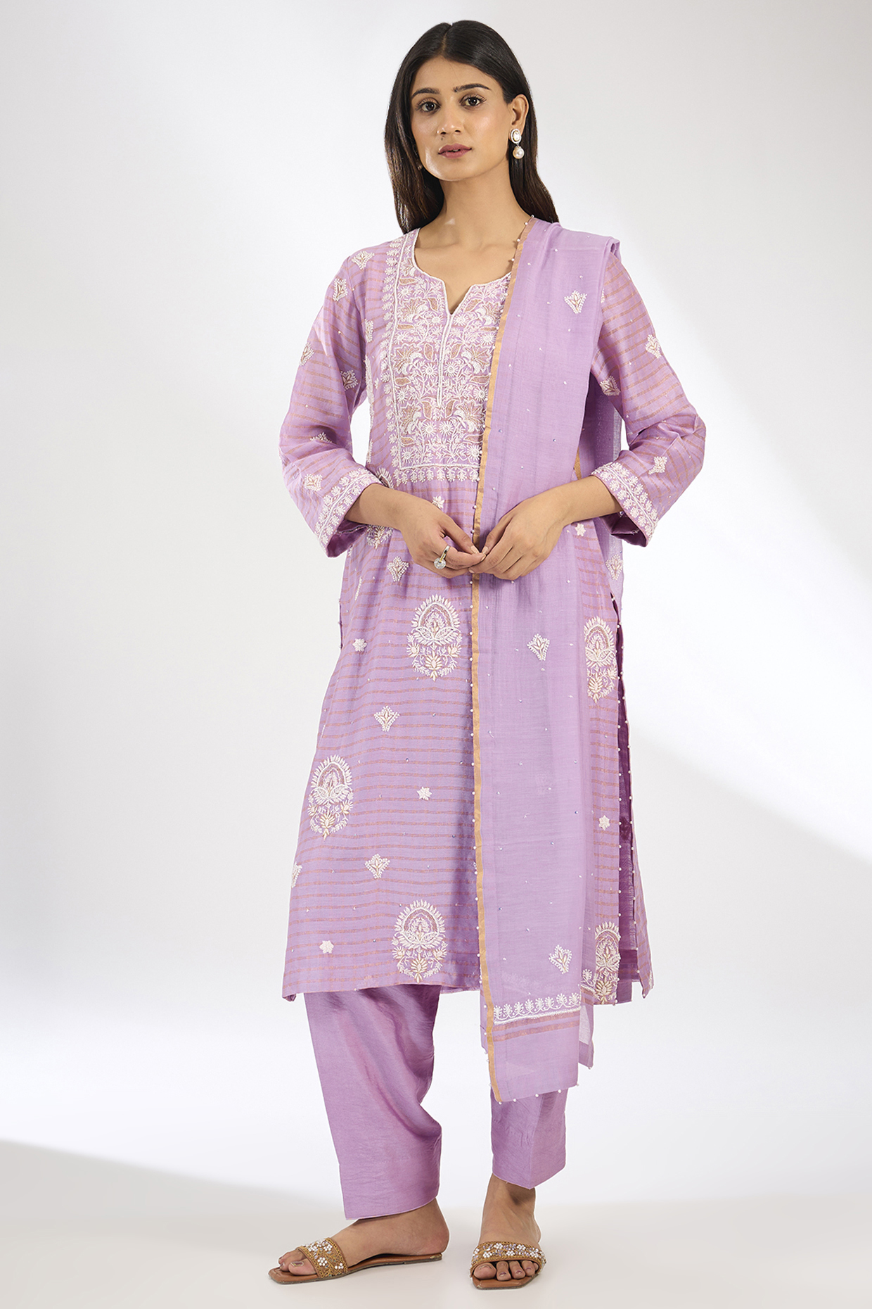 Lilac Mal Chanderi Chikankari Embroidered Kurta Set by Nyara by Nicky Chawla at Pernia's Pop Up Shop