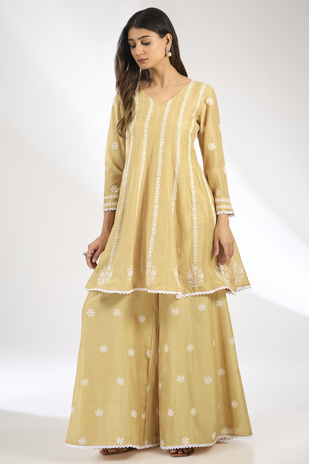 Beige Maheshwari Silk Chikankari Embroidered Peplum Kurta Set by Nyara by Nicky Chawla at Pernia's Pop Up Shop