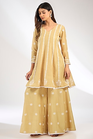 Beige Maheshwari Silk Chikankari Embroidered Peplum Kurta Set by Nyara by Nicky Chawla