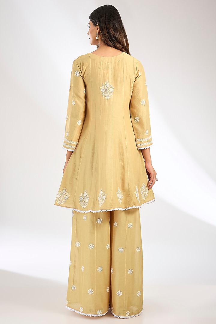 Beige Maheshwari Silk Chikankari Embroidered Peplum Kurta Set by Nyara by Nicky Chawla at Pernia's Pop Up Shop