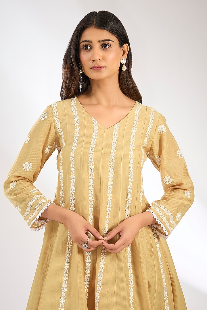 Beige Maheshwari Silk Chikankari Embroidered Peplum Kurta Set by Nyara by Nicky Chawla at Pernia's Pop Up Shop