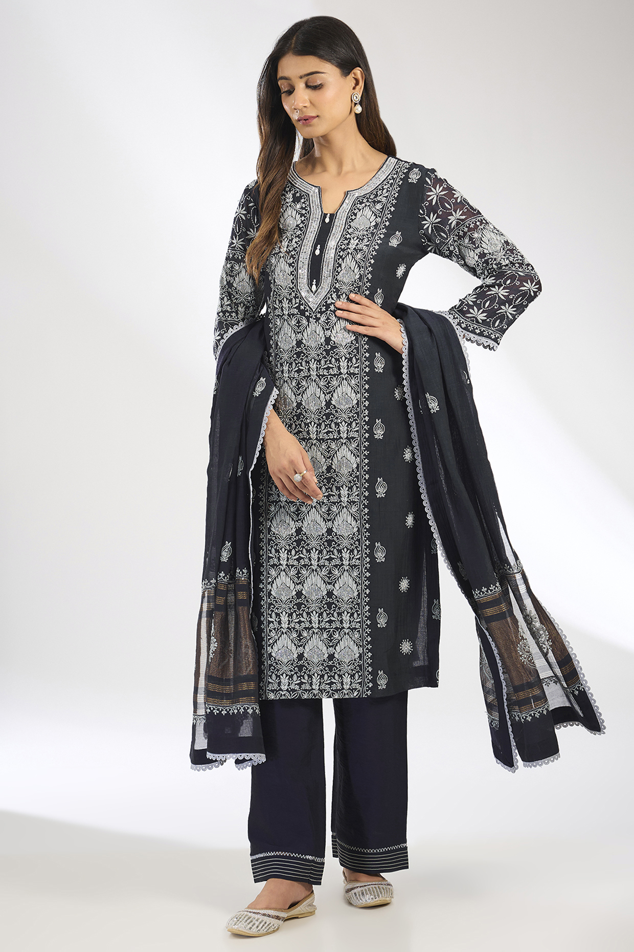 Black Mal Chanderi Chikankari Embroidered Kurta Set by Nyara by Nicky Chawla at Pernia's Pop Up Shop