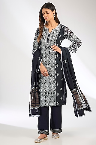 Black Mal Chanderi Chikankari Embroidered Kurta Set by Nyara by Nicky Chawla