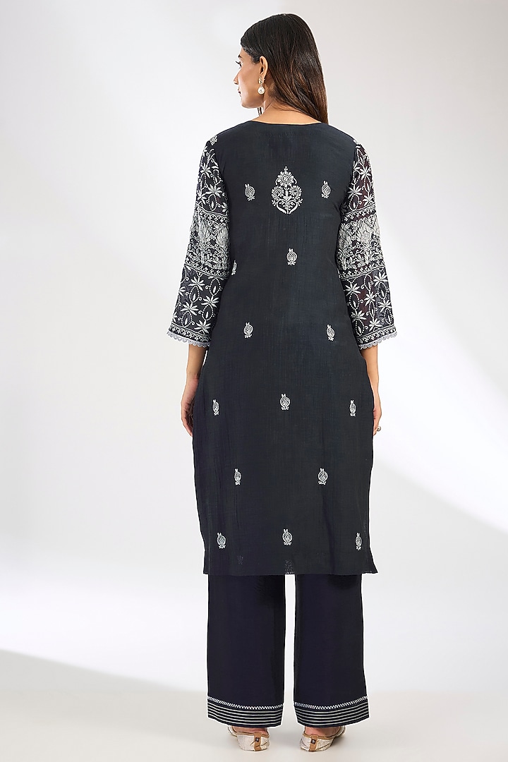 Black Mal Chanderi Chikankari Embroidered Kurta Set by Nyara by Nicky Chawla at Pernia's Pop Up Shop