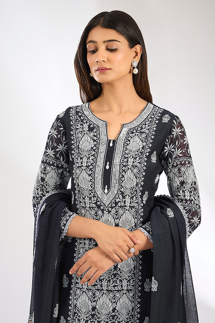 Black Mal Chanderi Chikankari Embroidered Kurta Set by Nyara by Nicky Chawla at Pernia's Pop Up Shop