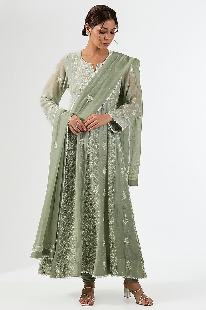 Green Mul Chanderi & Cotton Silk Chikankari Embroidered Party Wear Anarkali Set by Nyara by Nicky Chawla at Pernia's Pop Up Shop
