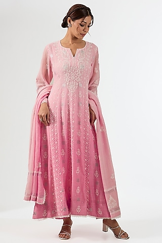 Pink Mul Chanderi & Cotton Chikankari Embroidered Anarkali Set by Nyara by Nicky Chawla