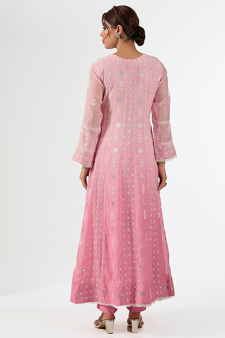 Pink Mul Chanderi & Cotton Chikankari Embroidered Party Wear Anarkali Set by Nyara by Nicky Chawla at Pernia's Pop Up Shop