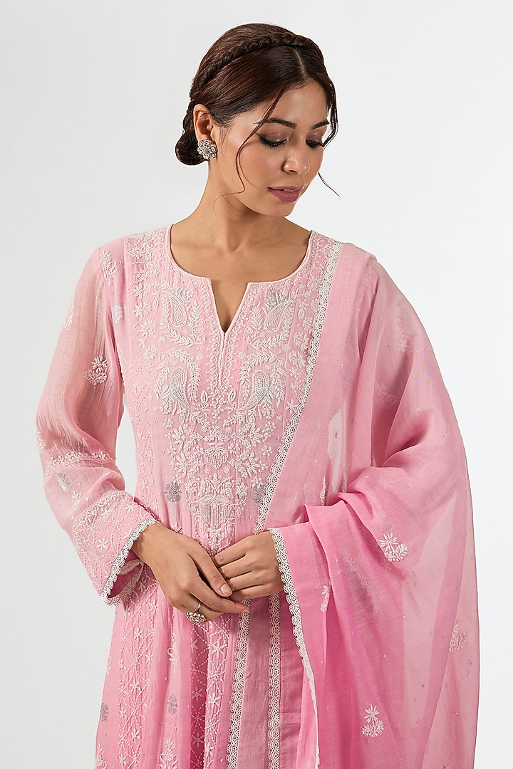 Pink Mul Chanderi & Cotton Chikankari Embroidered Party Wear Anarkali Set by Nyara by Nicky Chawla at Pernia's Pop Up Shop