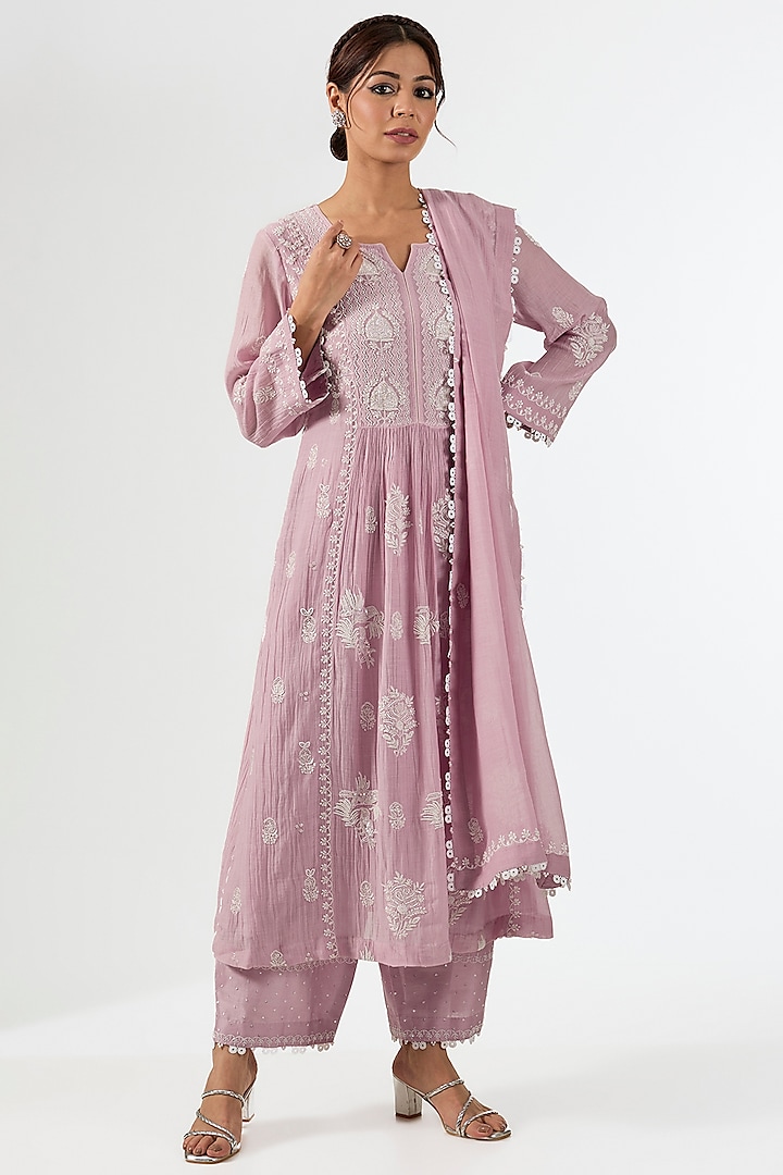 Onion Pink Mul Chanderi Chikankari Embroidered Kurta Set by Nyara by Nicky Chawla at Pernia's Pop Up Shop