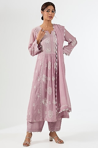 Onion Pink Mul Chanderi Chikankari Embroidered Kurta Set by Nyara by Nicky Chawla