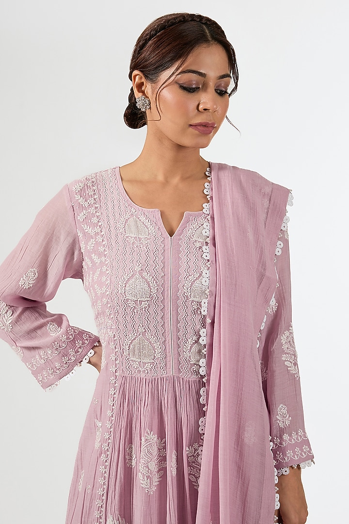 Onion Pink Mul Chanderi Chikankari Embroidered Kurta Set by Nyara by Nicky Chawla at Pernia's Pop Up Shop