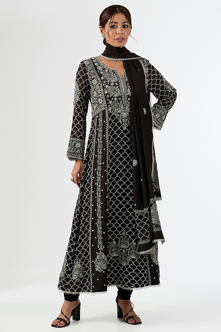 Black Mul Chanderi & Cotton Chikankari Embroidered Party Wear Anarkali Set by Nyara by Nicky Chawla at Pernia's Pop Up Shop