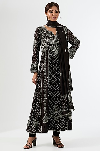 Black Mul Chanderi & Cotton Chikankari Embroidered Anarkali Set by Nyara by Nicky Chawla