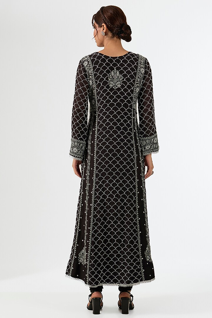Black Mul Chanderi & Cotton Chikankari Embroidered Party Wear Anarkali Set by Nyara by Nicky Chawla at Pernia's Pop Up Shop