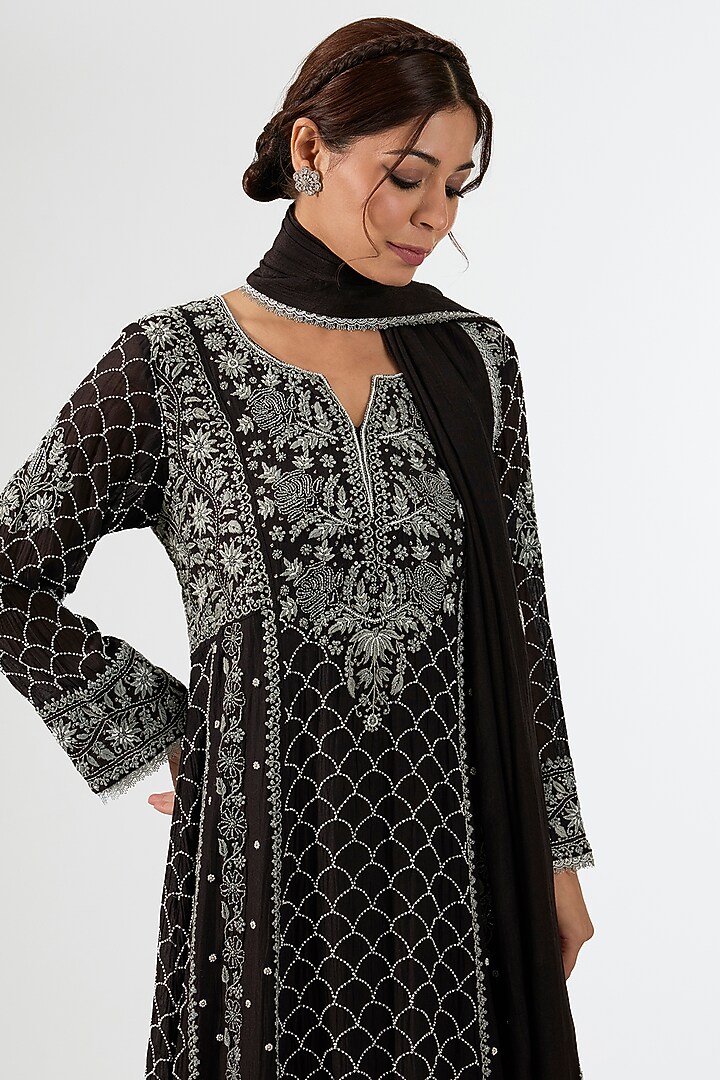 Black Mul Chanderi & Cotton Chikankari Embroidered Party Wear Anarkali Set by Nyara by Nicky Chawla at Pernia's Pop Up Shop