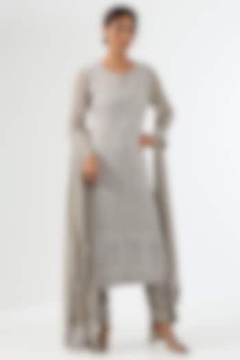 Grey Pure Georgette Chikankari Embroidered Kurta Set by Nyara by Nicky Chawla at Pernia's Pop Up Shop
