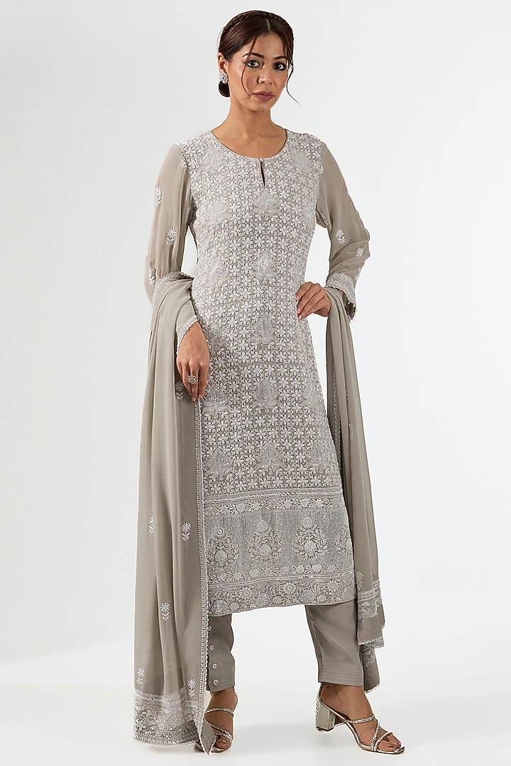 Grey Pure Georgette Chikankari Embroidered Kurta Set by Nyara by Nicky Chawla at Pernia's Pop Up Shop