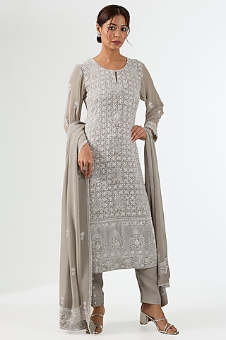 Grey Pure Georgette Chikankari Embroidered Kurta Set by Nyara by Nicky Chawla