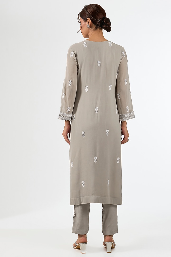 Grey Pure Georgette Chikankari Embroidered Kurta Set by Nyara by Nicky Chawla at Pernia's Pop Up Shop