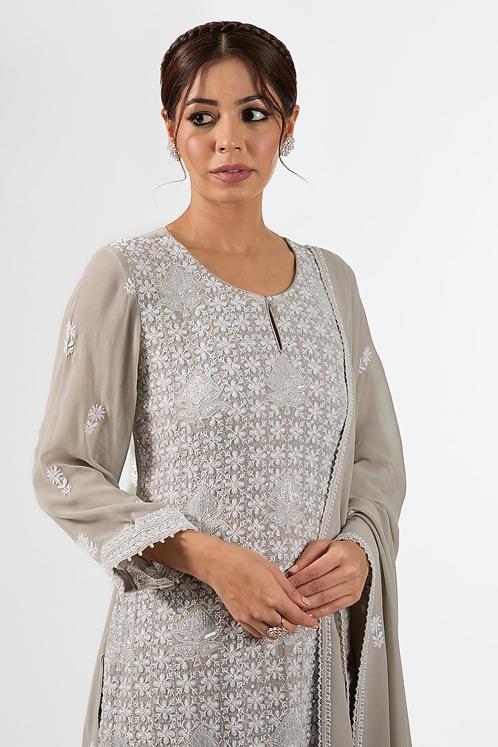 Grey Pure Georgette Chikankari Embroidered Kurta Set by Nyara by Nicky Chawla at Pernia's Pop Up Shop