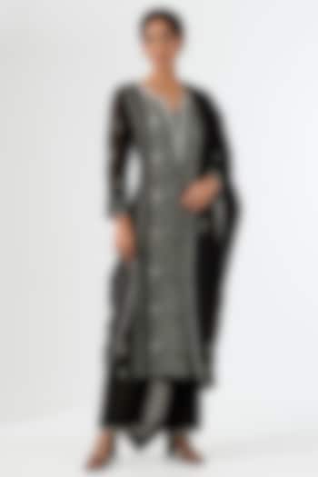 Black Mul Chanderi & Cotton Chikankari Embroidered Kurta Set by Nyara by Nicky Chawla at Pernia's Pop Up Shop