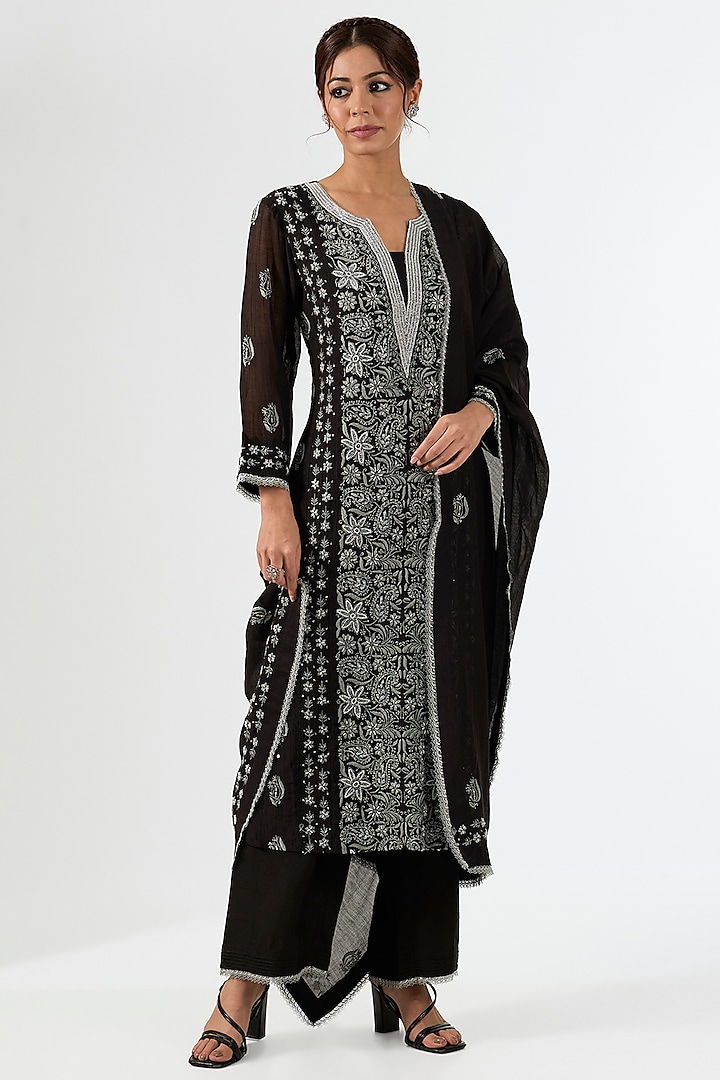 Black Mul Chanderi & Cotton Chikankari Embroidered Kurta Set by Nyara by Nicky Chawla at Pernia's Pop Up Shop