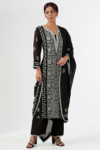 Black Mul Chanderi & Cotton Chikankari Embroidered Kurta Set by Nyara by Nicky Chawla