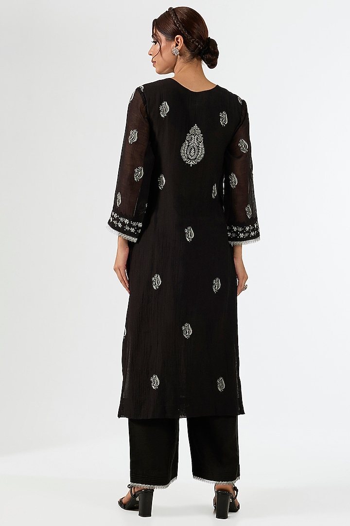 Black Mul Chanderi & Cotton Chikankari Embroidered Kurta Set by Nyara by Nicky Chawla at Pernia's Pop Up Shop