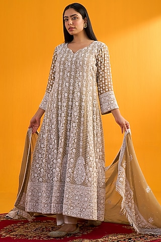 Brown Pure Georgette Chikankari Embroidered Anarkali Set by Nyara by Nicky Chawla