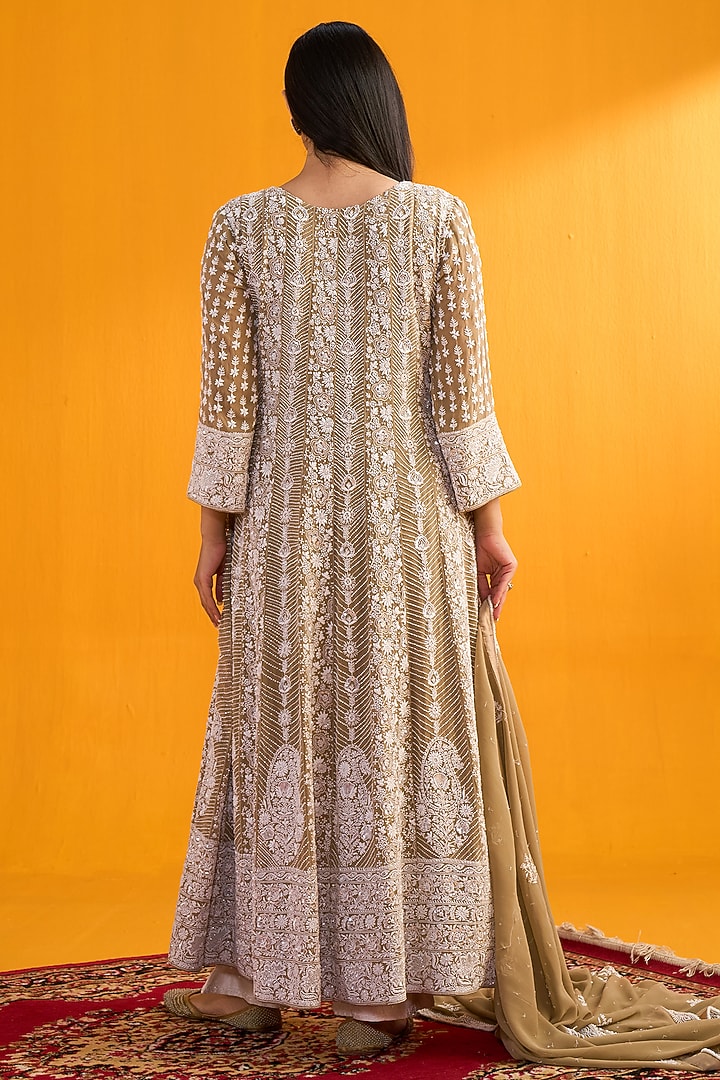 Brown Pure Georgette Chikankari Embroidered Bridal Anarkali Set by Nyara by Nicky Chawla at Pernia's Pop Up Shop