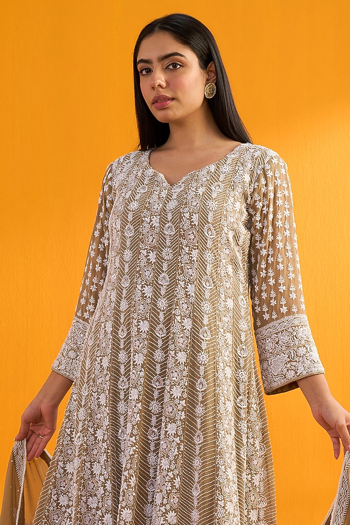 Brown Pure Georgette Chikankari Embroidered Bridal Anarkali Set by Nyara by Nicky Chawla at Pernia's Pop Up Shop