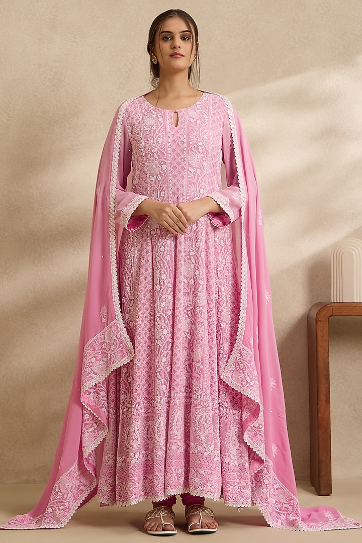 Pink Pure Georgette Chikankari Embroidered Bridal Anarkali Set by Nyara by Nicky Chawla at Pernia's Pop Up Shop