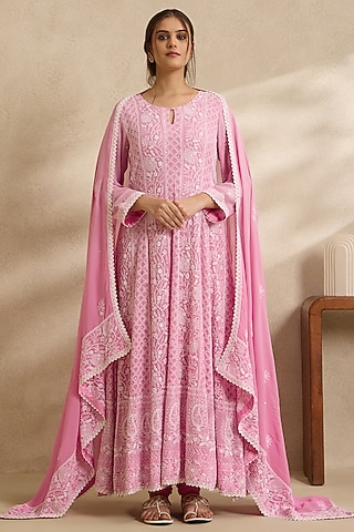 Pink Pure Georgette Chikankari Embroidered Anarkali Set by Nyara by Nicky Chawla