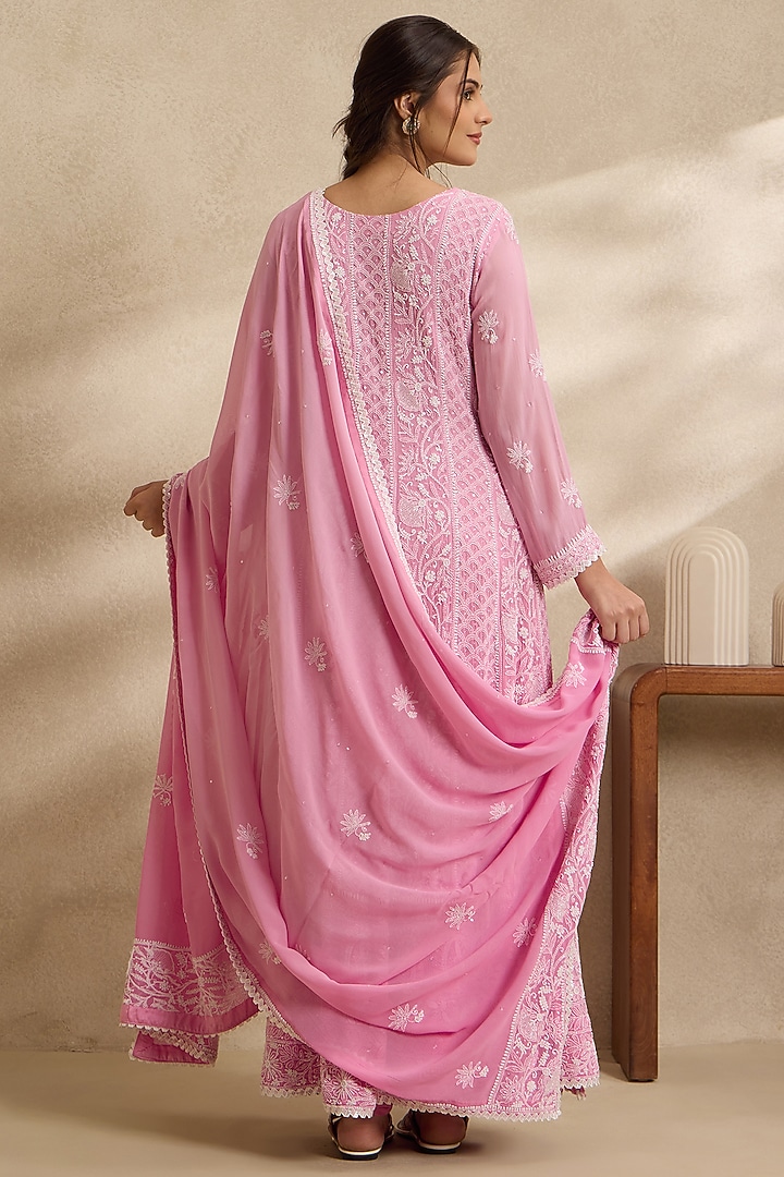 Pink Pure Georgette Chikankari Embroidered Bridal Anarkali Set by Nyara by Nicky Chawla at Pernia's Pop Up Shop