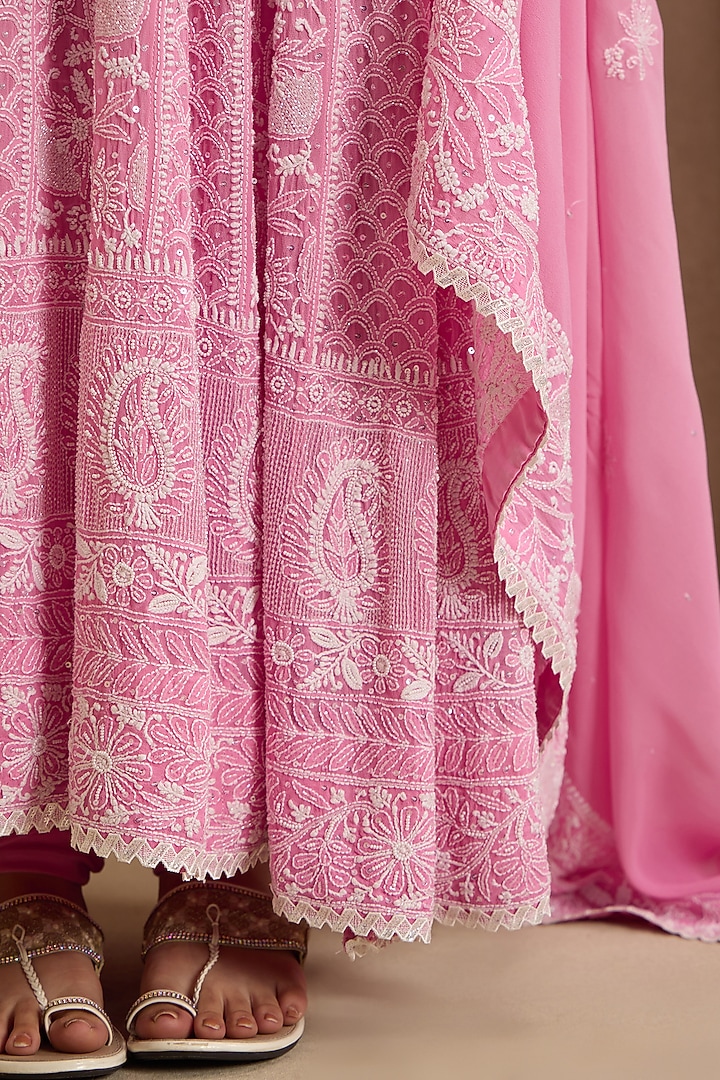 Pink Pure Georgette Chikankari Embroidered Bridal Anarkali Set by Nyara by Nicky Chawla at Pernia's Pop Up Shop