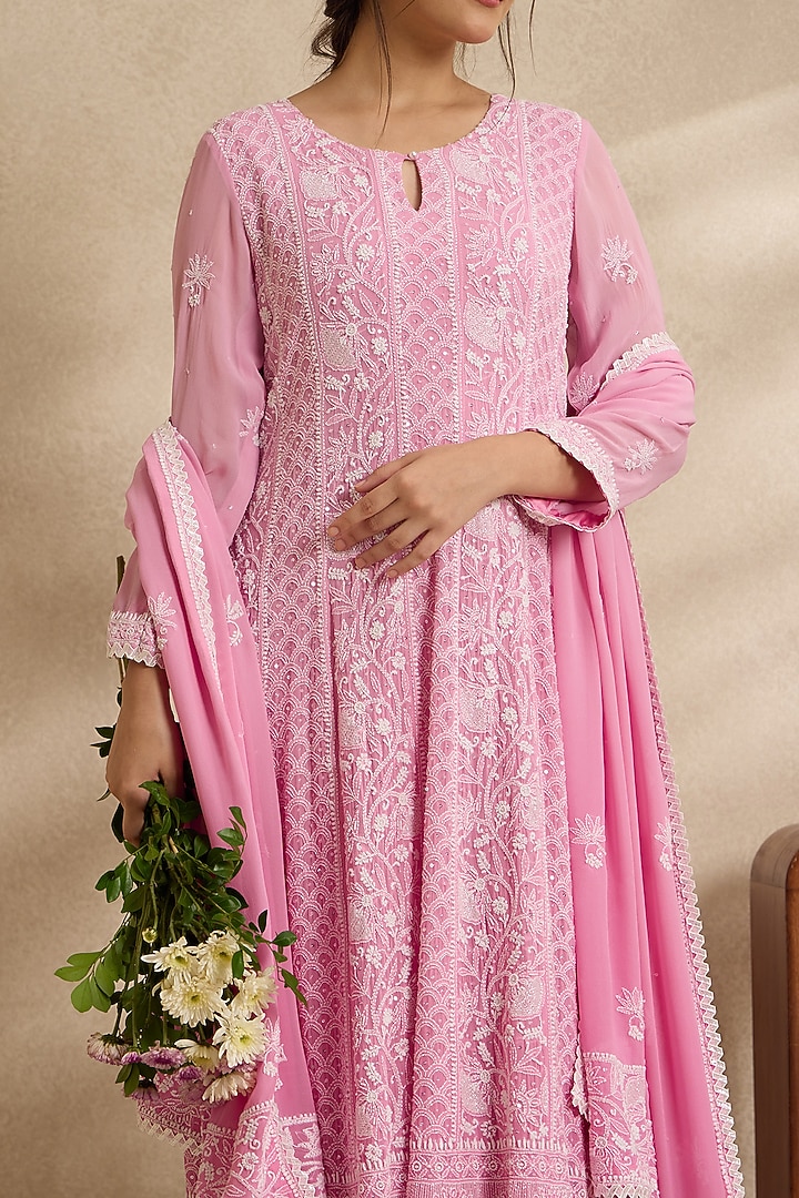 Pink Pure Georgette Chikankari Embroidered Bridal Anarkali Set by Nyara by Nicky Chawla at Pernia's Pop Up Shop