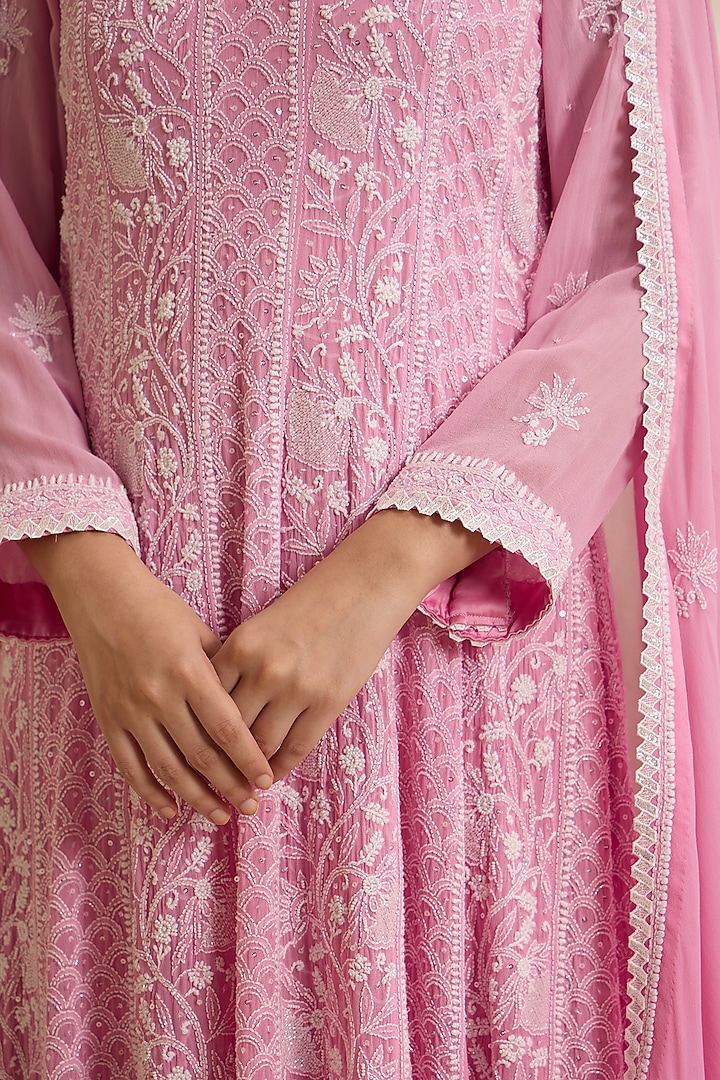 Pink Pure Georgette Chikankari Embroidered Bridal Anarkali Set by Nyara by Nicky Chawla at Pernia's Pop Up Shop