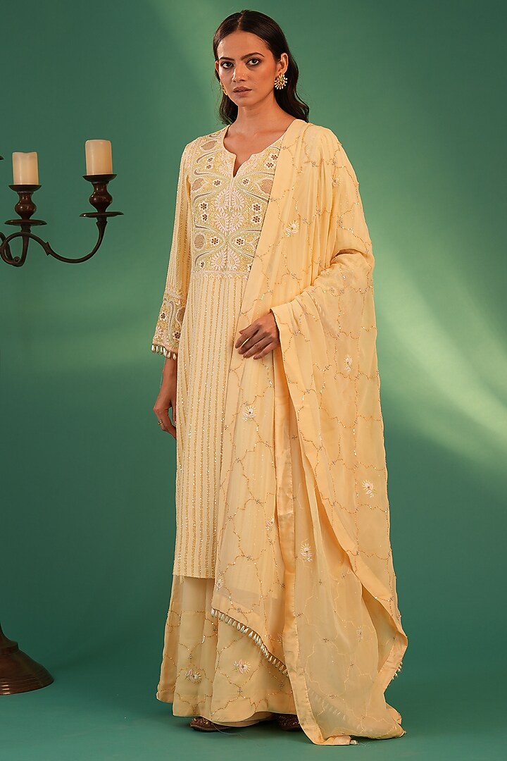 Yellow Pure Georgette Chikankari Embroidered Kurta Set by Nyara by Nicky Chawla at Pernia's Pop Up Shop