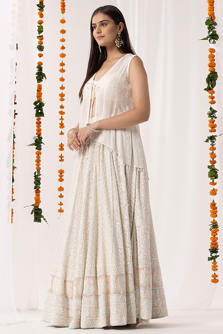 Off-White Pure Georgette Chikankari Embroidered Wedding Lehenga Set by Nyara by Nicky Chawla at Pernia's Pop Up Shop