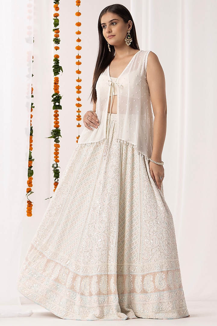 Off-White Pure Georgette Chikankari Embroidered Wedding Lehenga Set by Nyara by Nicky Chawla at Pernia's Pop Up Shop